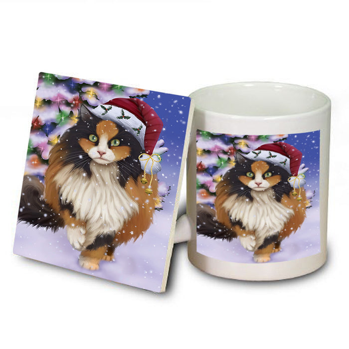 Winterland Wonderland Calico Cat In Christmas Holiday Scenic Background Mug and Coaster Set MUC55686