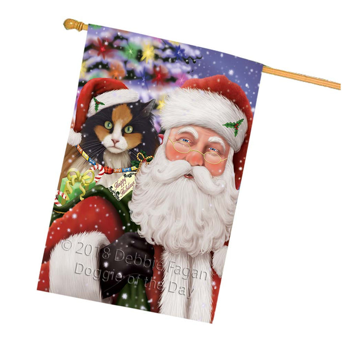 Santa Carrying Calico Cat and Christmas Presents House Flag FLG55925