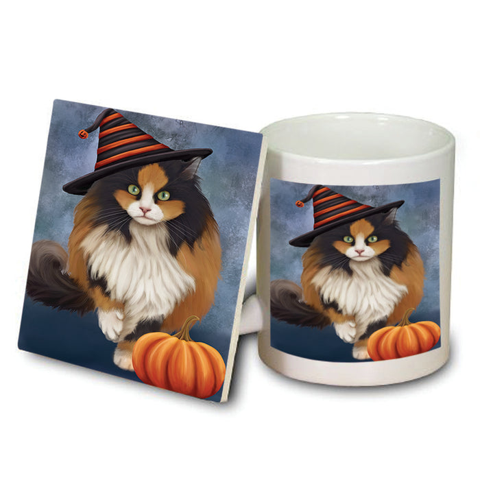 Happy Halloween Calico Cat Wearing Witch Hat with Pumpkin Mug and Coaster Set MUC54870