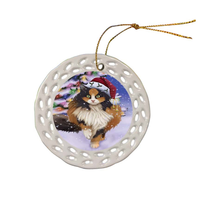 Winterland Wonderland Calico Cat In Christmas Holiday Scenic Background Ceramic Doily Ornament DPOR56050