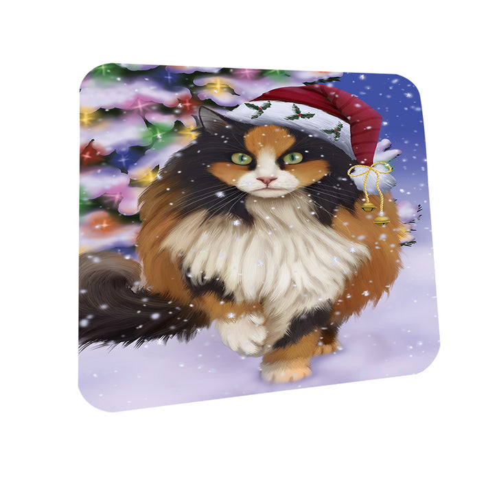 Winterland Wonderland Calico Cat In Christmas Holiday Scenic Background Coasters Set of 4 CST55652