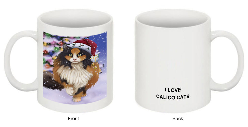 Winterland Wonderland Calico Cat In Christmas Holiday Scenic Background Coffee Mug MUG51092
