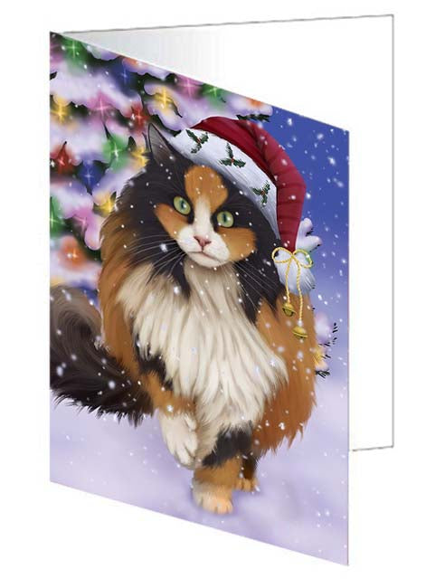 Winterland Wonderland Calico Cat In Christmas Holiday Scenic Background Handmade Artwork Assorted Pets Greeting Cards and Note Cards with Envelopes for All Occasions and Holiday Seasons GCD71597