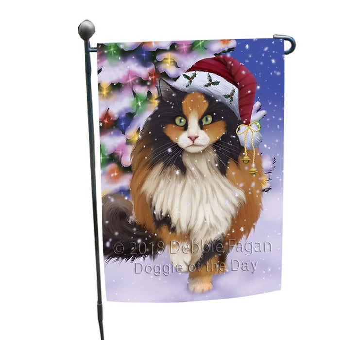 Winterland Wonderland Calico Cat In Christmas Holiday Scenic Background Garden Flag GFLG55987