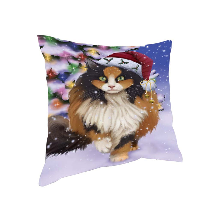 Winterland Wonderland Calico Cat In Christmas Holiday Scenic Background Pillow PIL71704