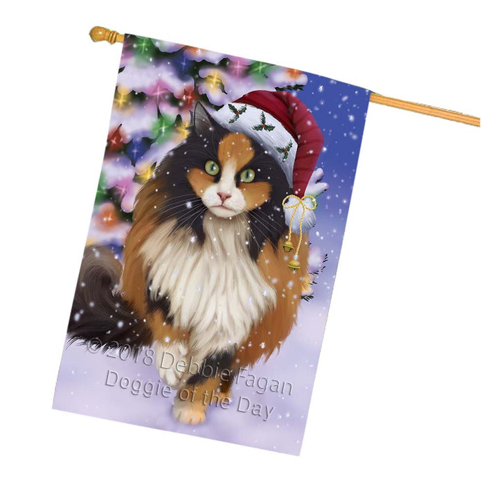 Winterland Wonderland Calico Cat In Christmas Holiday Scenic Background House Flag FLG56123