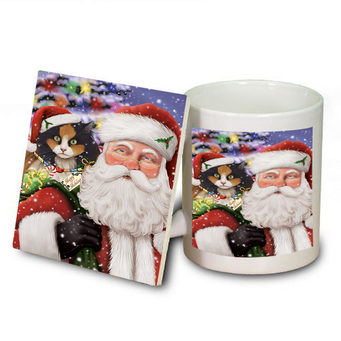 Santa Carrying Calico Cat and Christmas Presents Mug and Coaster Set MUC55488