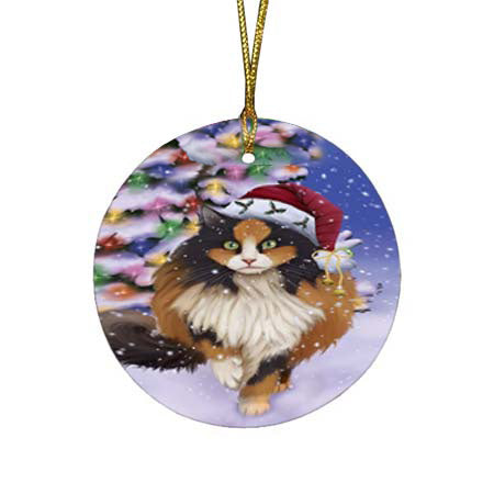 Winterland Wonderland Calico Cat In Christmas Holiday Scenic Background Round Flat Christmas Ornament RFPOR56050