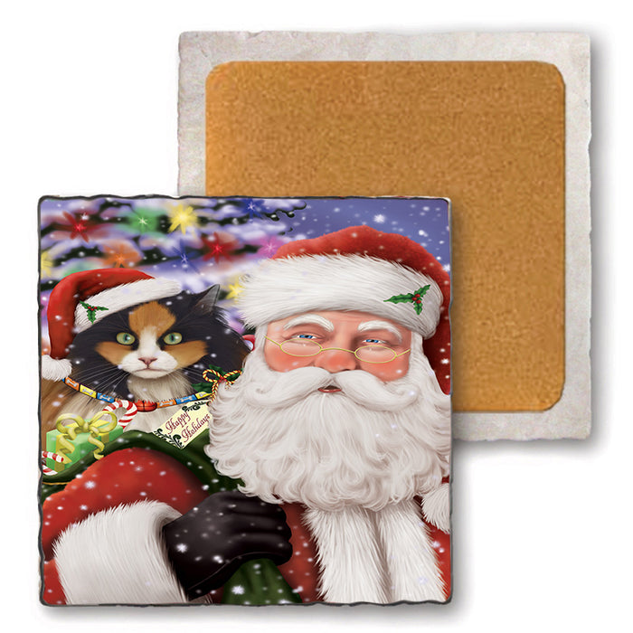 Santa Carrying Calico Cat and Christmas Presents Set of 4 Natural Stone Marble Tile Coasters MCST50496