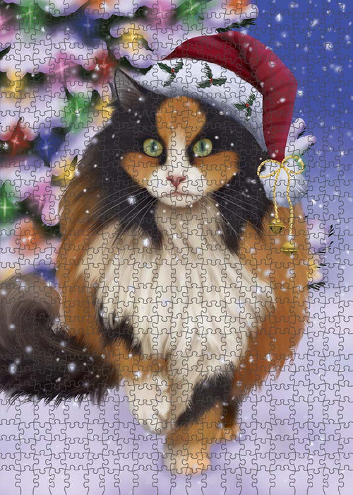 Winterland Wonderland Calico Cat In Christmas Holiday Scenic Background Puzzle with Photo Tin PUZL90980