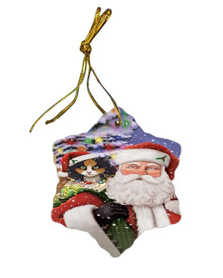 Santa Carrying Calico Cat and Christmas Presents Star Porcelain Ornament SPOR55852