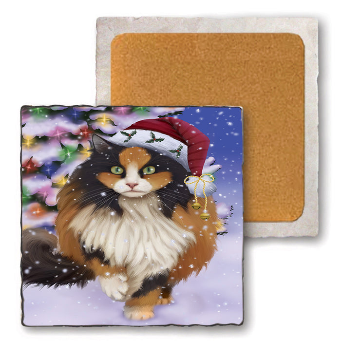 Winterland Wonderland Calico Cat In Christmas Holiday Scenic Background Set of 4 Natural Stone Marble Tile Coasters MCST50694