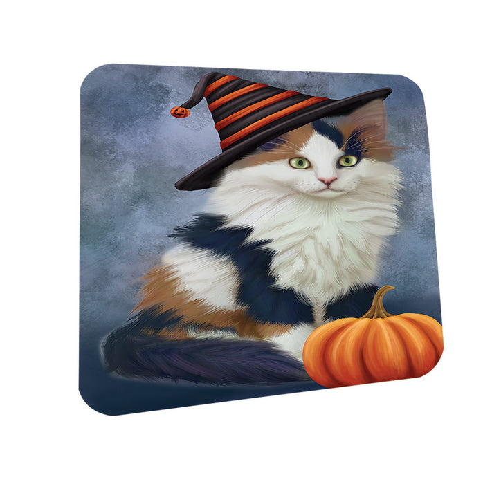 Happy Halloween Calico Cat Wearing Witch Hat with Pumpkin Coasters Set of 4 CST54837