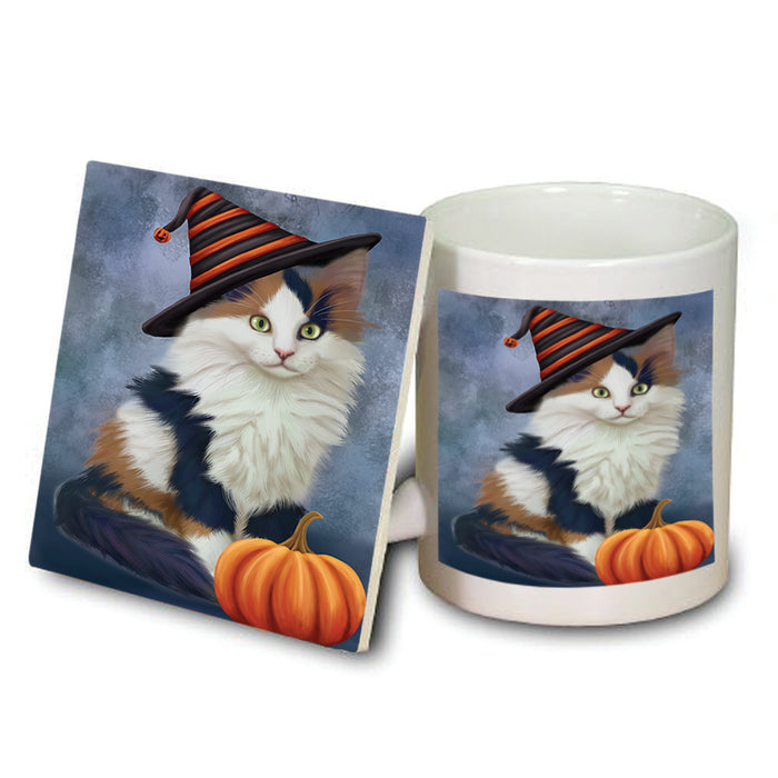 Happy Halloween Calico Cat Wearing Witch Hat with Pumpkin Mug and Coaster Set MUC54871