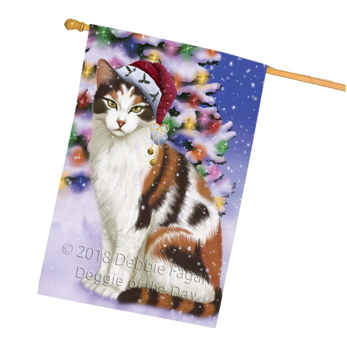 Winterland Wonderland Calico Cat In Christmas Holiday Scenic Background House Flag FLG56124