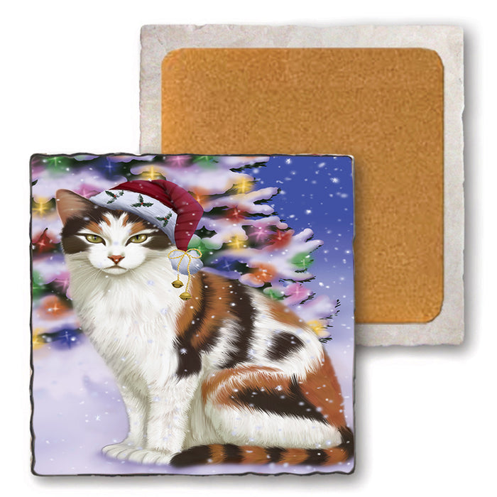 Winterland Wonderland Calico Cat In Christmas Holiday Scenic Background Set of 4 Natural Stone Marble Tile Coasters MCST50695