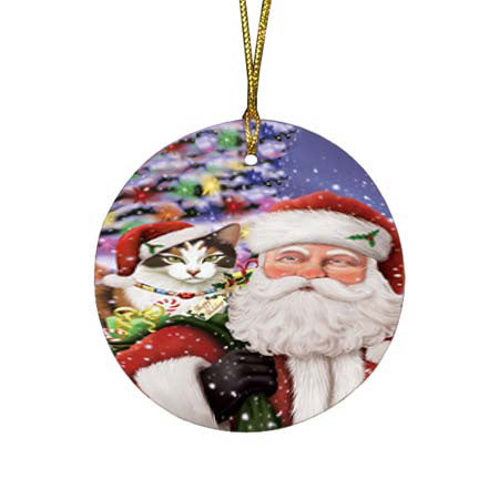 Santa Carrying Calico Cat and Christmas Presents Round Flat Christmas Ornament RFPOR55853