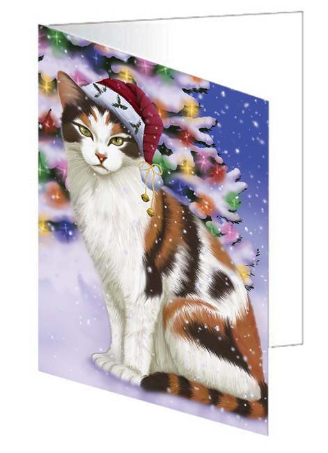 Winterland Wonderland Calico Cat In Christmas Holiday Scenic Background Handmade Artwork Assorted Pets Greeting Cards and Note Cards with Envelopes for All Occasions and Holiday Seasons GCD71600