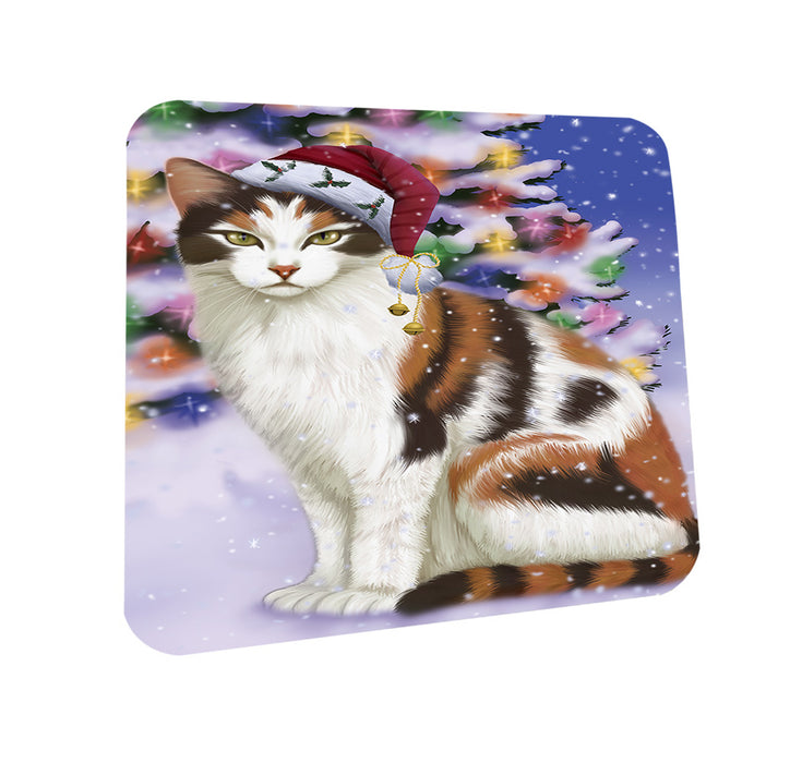 Winterland Wonderland Calico Cat In Christmas Holiday Scenic Background Coasters Set of 4 CST55653