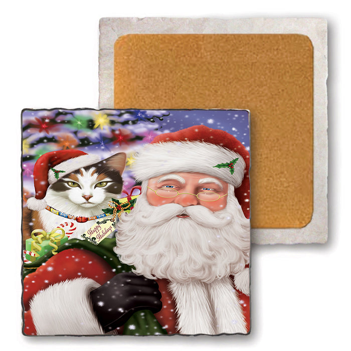 Santa Carrying Calico Cat and Christmas Presents Set of 4 Natural Stone Marble Tile Coasters MCST50497