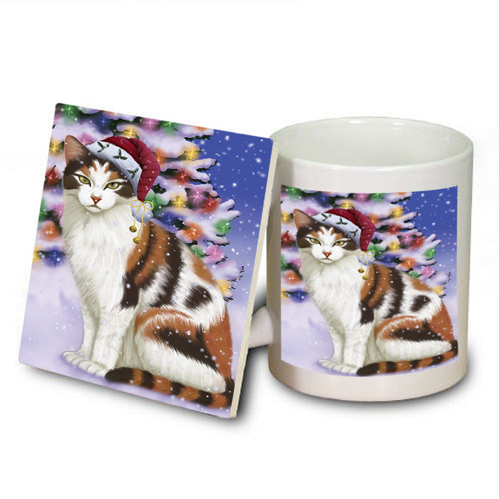 Winterland Wonderland Calico Cat In Christmas Holiday Scenic Background Mug and Coaster Set MUC55687