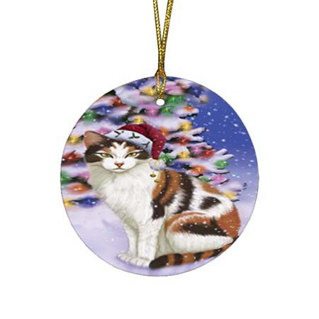 Winterland Wonderland Calico Cat In Christmas Holiday Scenic Background Round Flat Christmas Ornament RFPOR56051