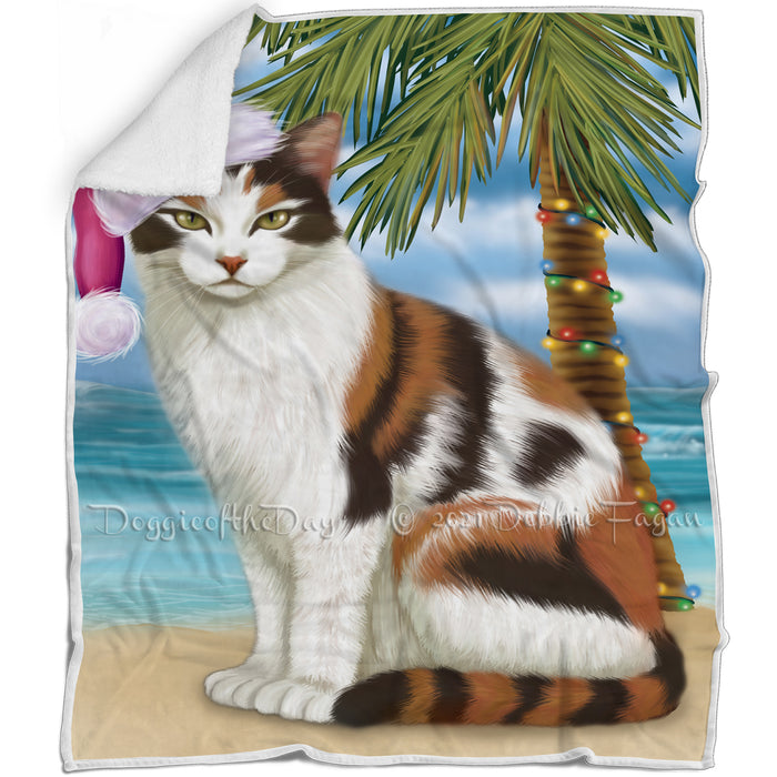 Summertime Happy Holidays Christmas Calico Cat on Tropical Island Beach Blanket D164