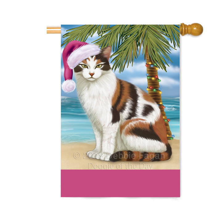 Personalized Summertime Happy Holidays Christmas Calico Cat on Tropical Island Beach Custom House Flag FLG-DOTD-A60501