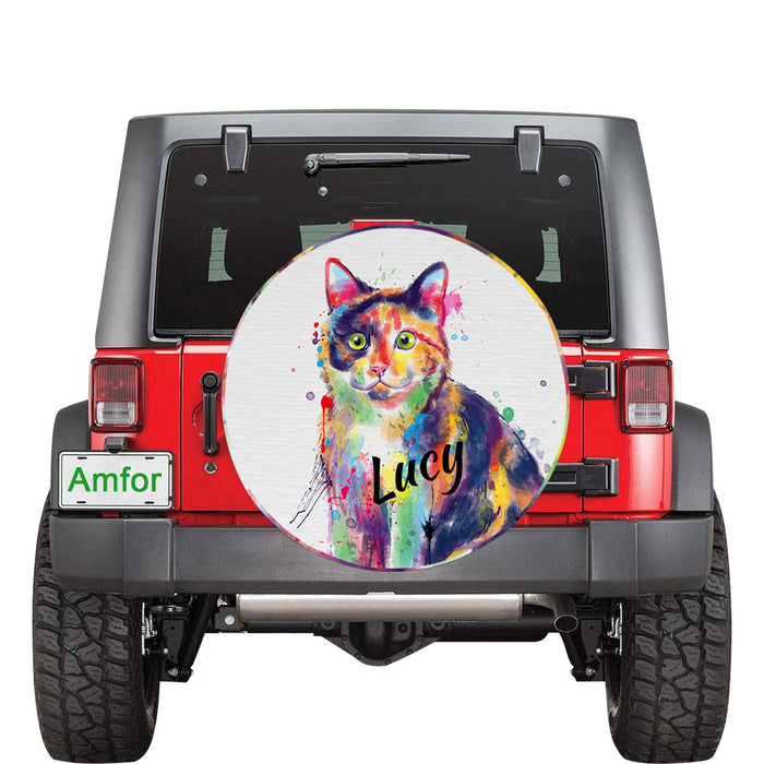 Custom Pet Name Personalized Watercolor Calico Cat Car Tire Cover