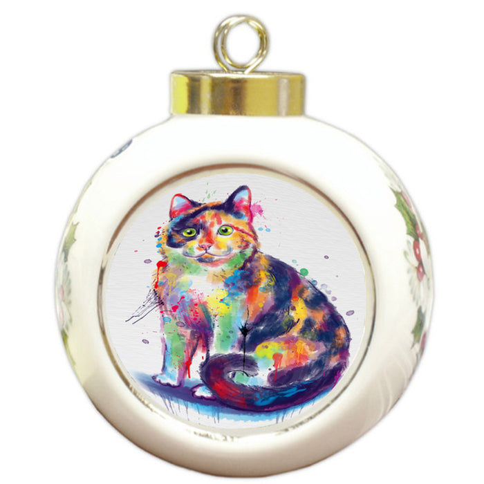 Watercolor Calico Cat Round Ball Christmas Ornament RBPOR58478