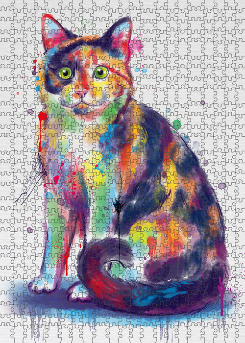 Watercolor Calico Cat Portrait Jigsaw Puzzle for Adults Animal Interlocking Puzzle Game Unique Gift for Dog Lover's with Metal Tin Box