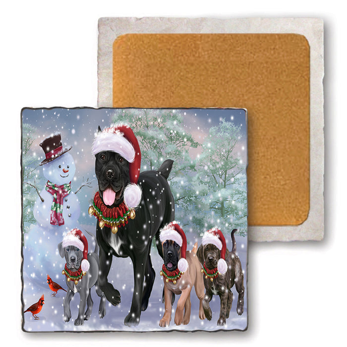 Christmas Running Family Cane Corso Dogs Set of 4 Natural Stone Marble Tile Coasters MCST52128