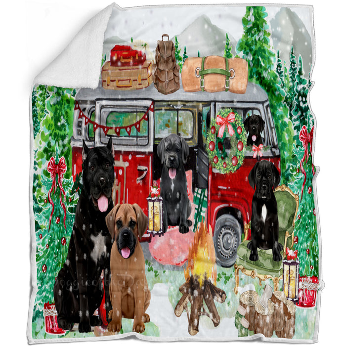 Christmas Time Camping with Cane Corso Dogs Blanket - Lightweight Soft Cozy and Durable Bed Blanket - Animal Theme Fuzzy Blanket for Sofa Couch