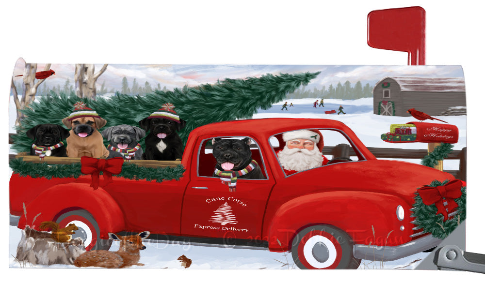 Christmas Santa Express Delivery Red Truck Cane Corso Dogs Magnetic Mailbox Cover Both Sides Pet Theme Printed Decorative Letter Box Wrap Case Postbox Thick Magnetic Vinyl Material