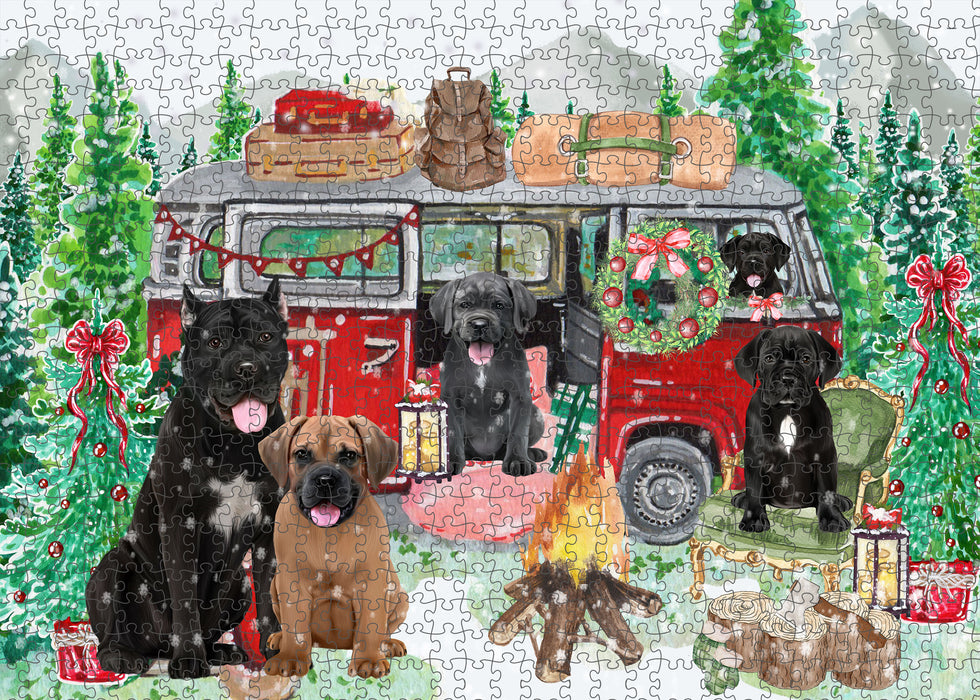 Christmas Time Camping with Cane Corso Dogs Portrait Jigsaw Puzzle for Adults Animal Interlocking Puzzle Game Unique Gift for Dog Lover's with Metal Tin Box