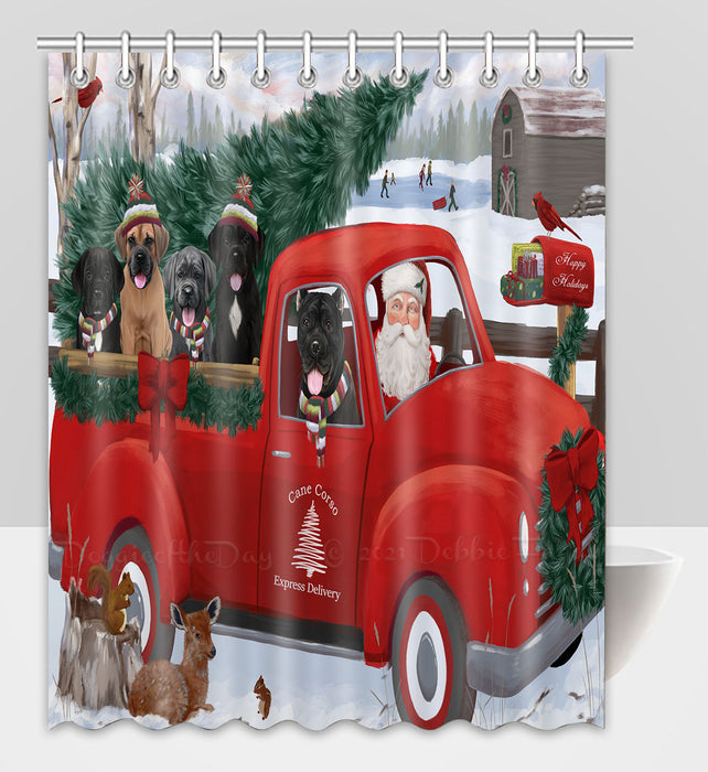 Christmas Santa Express Delivery Red Truck Cane Corso Dogs Shower Curtain Pet Painting Bathtub Curtain Waterproof Polyester One-Side Printing Decor Bath Tub Curtain for Bathroom with Hooks