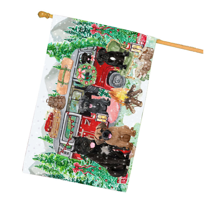 Christmas Time Camping with Cane Corso Dogs House Flag Outdoor Decorative Double Sided Pet Portrait Weather Resistant Premium Quality Animal Printed Home Decorative Flags 100% Polyester