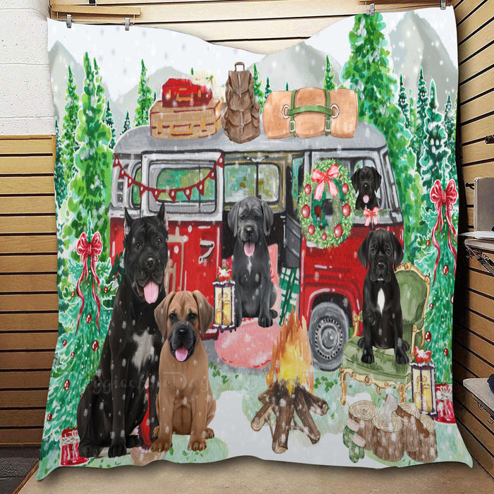 Christmas Time Camping with Cane Corso Dogs  Quilt Bed Coverlet Bedspread - Pets Comforter Unique One-side Animal Printing - Soft Lightweight Durable Washable Polyester Quilt
