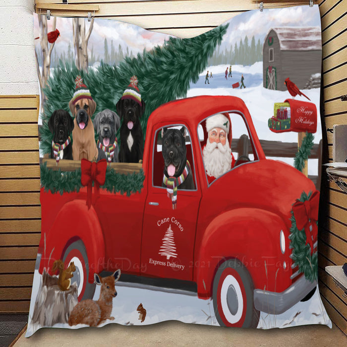 Christmas Santa Express Delivery Red Truck Cane Corso Dogs  Quilt Bed Coverlet Bedspread - Pets Comforter Unique One-side Animal Printing - Soft Lightweight Durable Washable Polyester Quilt