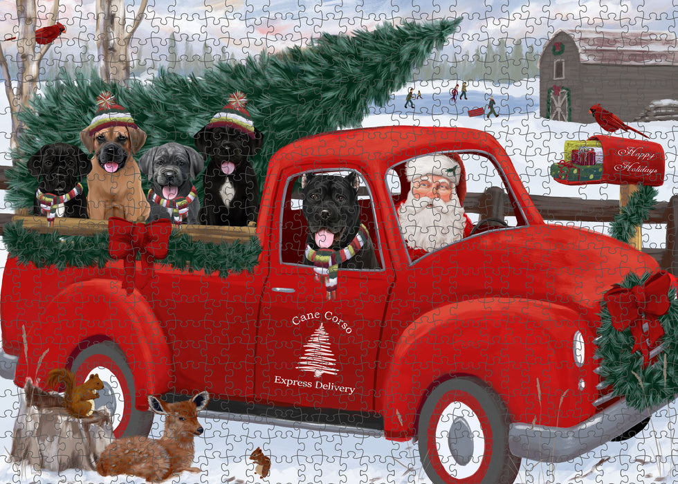 Christmas Santa Express Delivery Red Truck Cane Corso Dogs Portrait Jigsaw Puzzle for Adults Animal Interlocking Puzzle Game Unique Gift for Dog Lover's with Metal Tin Box