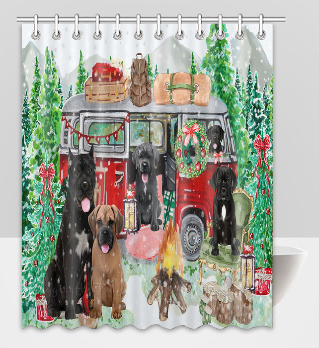 Christmas Time Camping with Cane Corso Dogs Shower Curtain Pet Painting Bathtub Curtain Waterproof Polyester One-Side Printing Decor Bath Tub Curtain for Bathroom with Hooks