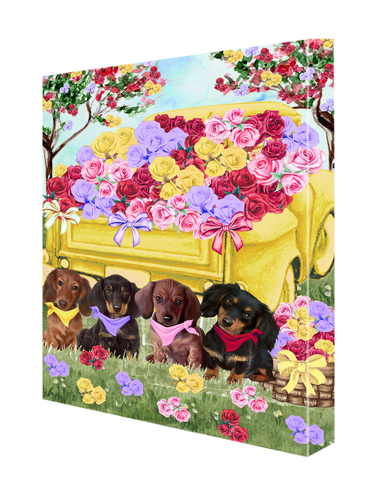 Floral Yellow Truck Dachshund Dogs Canvas Wall Art - Premium Quality Ready to Hang Room Decor Wall Art Canvas - Unique Animal Printed Digital Painting for Decoration