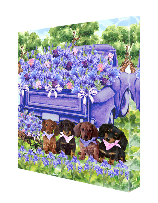 Iris Purple Truck Dachshund Dogs Canvas Wall Art - Premium Quality Ready to Hang Room Decor Wall Art Canvas - Unique Animal Printed Digital Painting for Decoration
