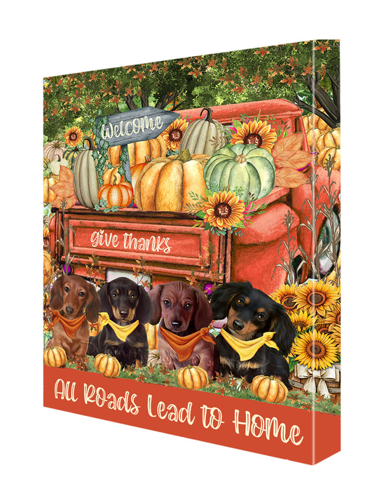 All Roads Lead to Home Orange Truck Harvest Fall Pumpkin Dachshund Dogs Canvas Wall Art - Premium Quality Ready to Hang Room Decor Wall Art Canvas - Unique Animal Printed Digital Painting for Decoration