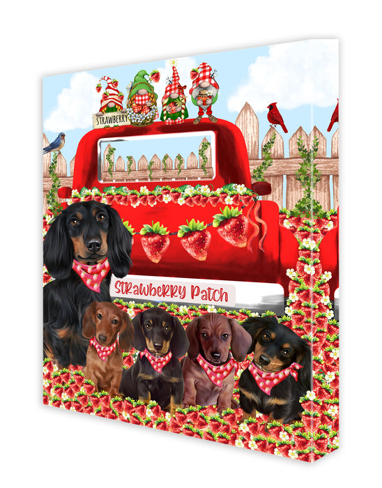 Strawberry Patch with Gnomes Dachshund Dogs Canvas Wall Art - Premium Quality Ready to Hang Room Decor Wall Art Canvas - Unique Animal Printed Digital Painting for Decoration