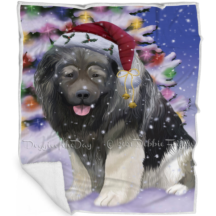 Winterland Wonderland Caucasian Shepherd Dog In Christmas Holiday Scenic Background Blanket BLNKT120684