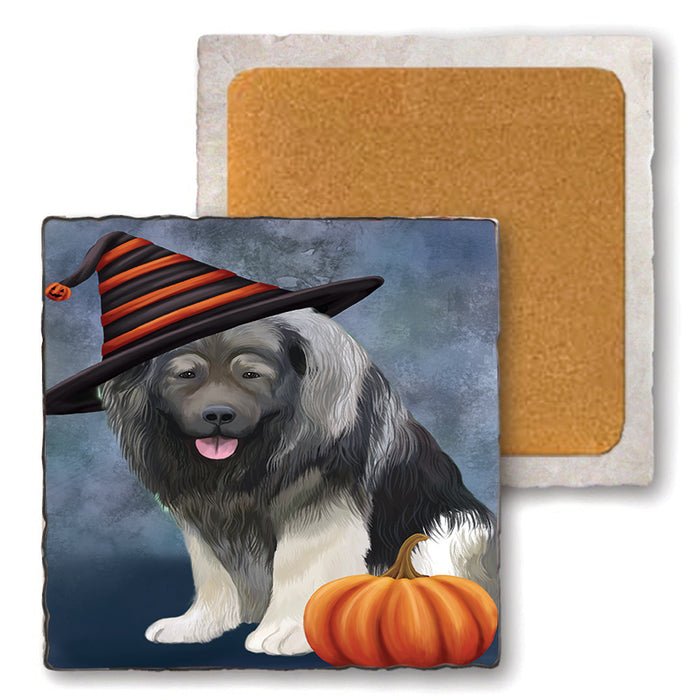 Happy Halloween Caucasian Shepherd Dog Wearing Witch Hat with Pumpkin Set of 4 Natural Stone Marble Tile Coasters MCST49880