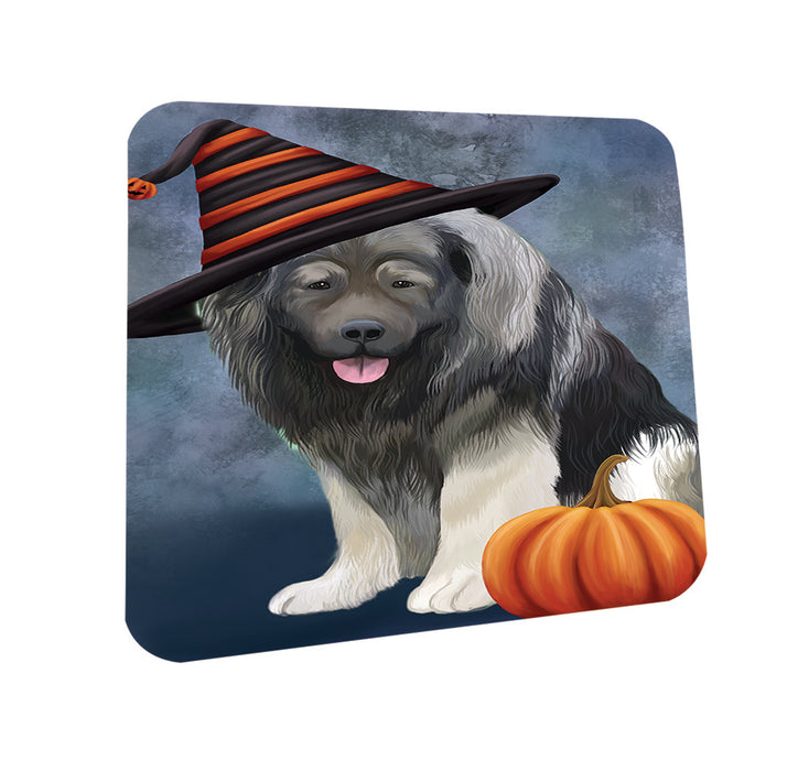 Happy Halloween Caucasian Shepherd Dog Wearing Witch Hat with Pumpkin Coasters Set of 4 CST54838