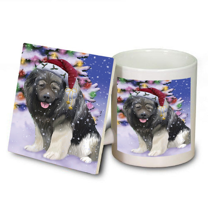 Winterland Wonderland Caucasian Shepherd Dog In Christmas Holiday Scenic Background Mug and Coaster Set MUC55688