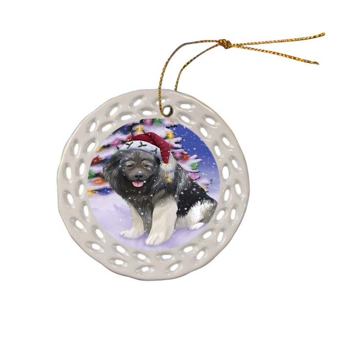 Winterland Wonderland Caucasian Shepherd Dog In Christmas Holiday Scenic Background Ceramic Doily Ornament DPOR56052